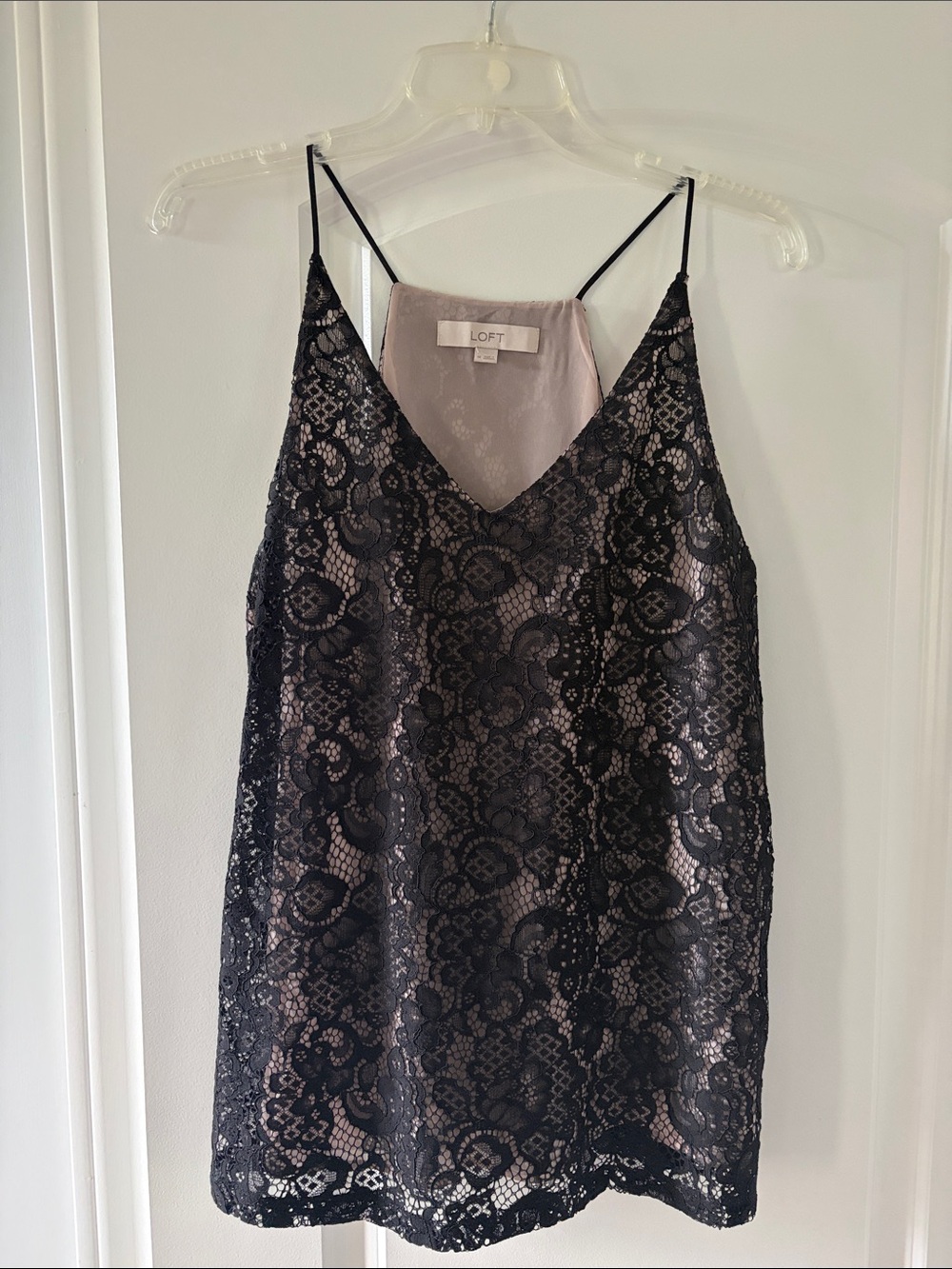 LOFT Black Lace Overlay Cami with Blush Lining